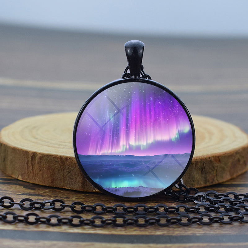 Luminous Aurora Borealis Black Necklace - Northern Light Jewelry - Unique Glass Dome Pendent Necklace - Perfect Aurora Lovers Gift