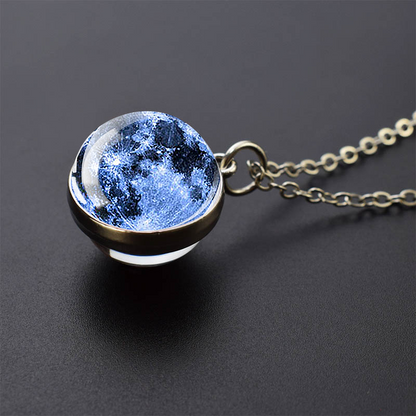 Collier en argent croissant de lune lumineux - Bijoux Univers - Collier pendentif unique en boule de verre double face - Cadeau parfait pour les amoureux de l’astronomie