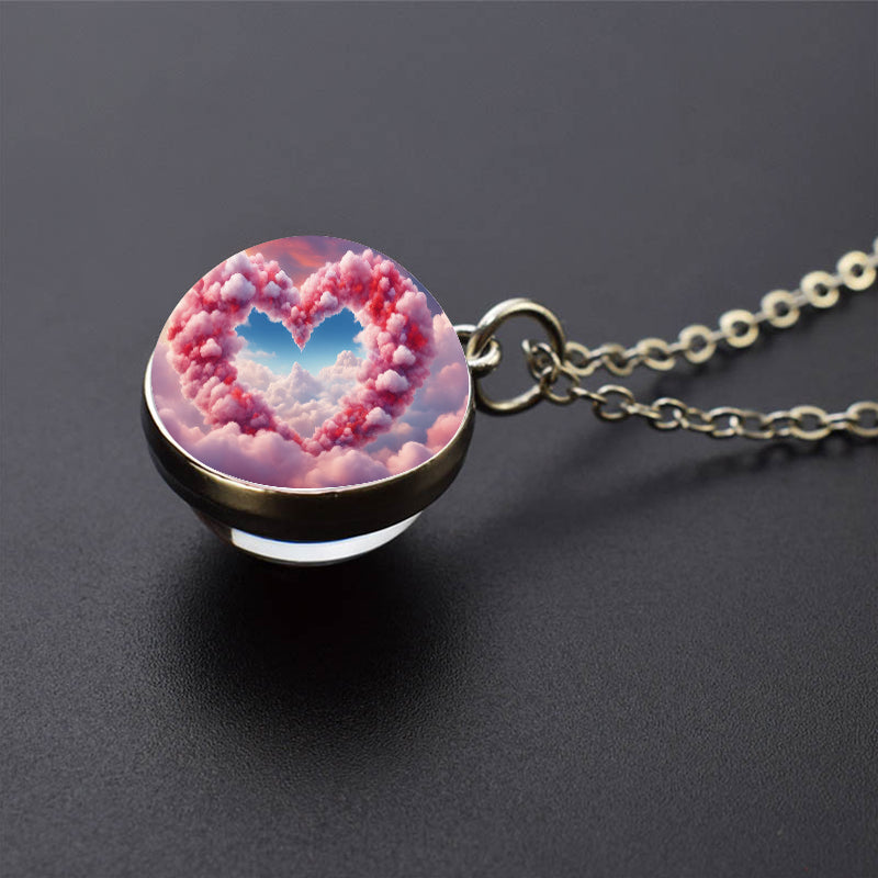 Unique Pink Heart Shape Clouds Silver Necklace - Dreamy Sky Cotton Candy Cloud Jewelry - Double Side Glass Ball Pendent Necklace - Perfect Lovers Gift 3
