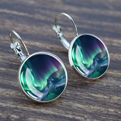 Luminous Aurora Borealis Hook Earrings - Northern Lights Jewelry - Unique Glass Cabochon Drop Earrings - Perfect Aurora Lovers Gift