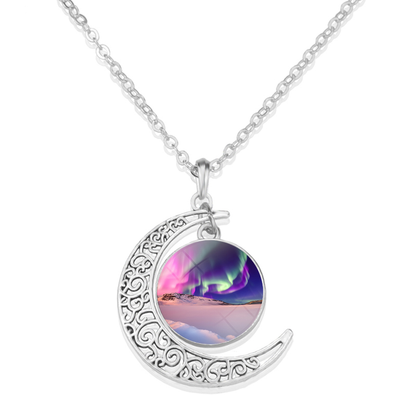 Unique Aurora Borealis Crescent Necklace - Northern Light Jewelry - Crescent Glass Cabochon Pendent Necklace - Perfect Aurora Lovers Gift 10