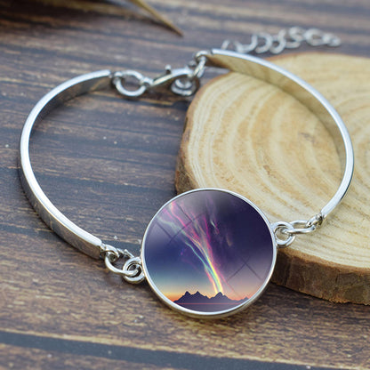 Luminous Aurora Borealis Bangle Bransoletka-Biżuteria zorzy polarnej-Unikalna szklana kaboszonowa posrebrzana bransoletka-Idealny prezent dla miłośników Aurory