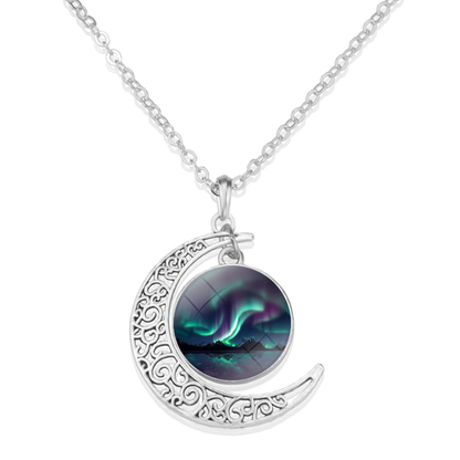 Unique Aurora Borealis Crescent Necklace - Northern Light Jewelry - Crescent Glass Cabochon Pendent Necklace - Perfect Aurora Lovers Gift 13