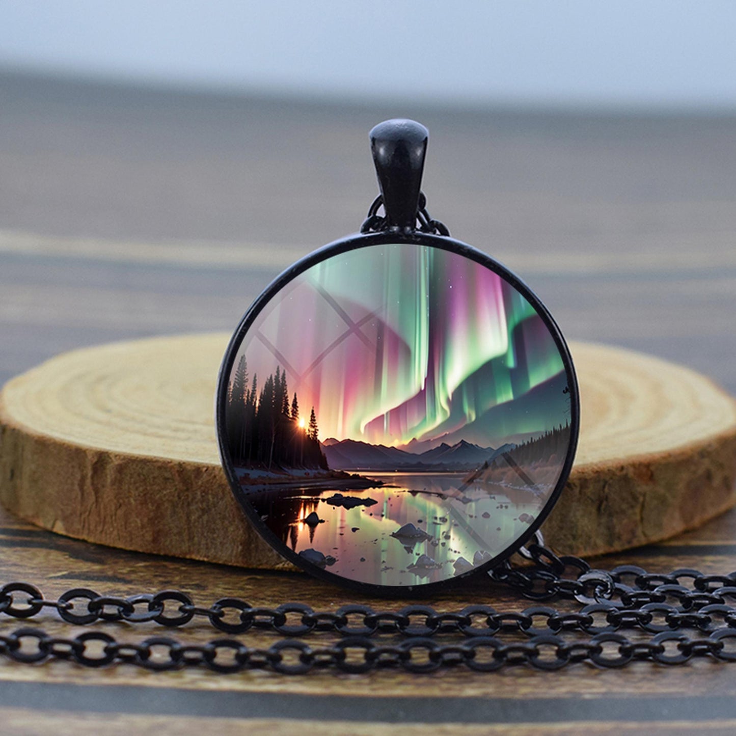 Luminous Aurora Borealis Black Necklace - Northern Light Jewelry - Unique Glass Dome Pendent Necklace - Perfect Aurora Lovers Gift