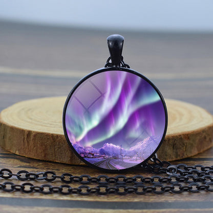 Luminous Aurora Borealis Black Necklace - Northern Light Jewelry - Unique Glass Dome Pendent Necklace - Perfect Aurora Lovers Gift