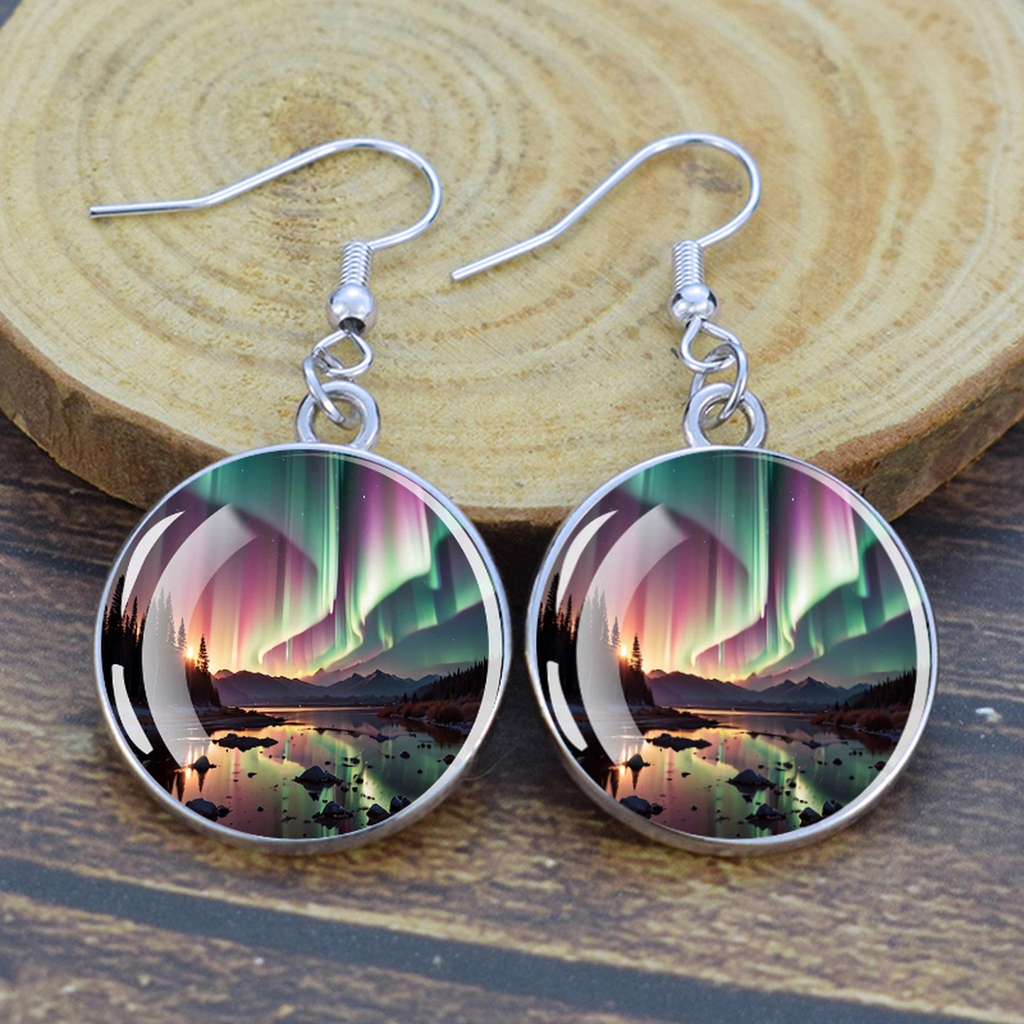 Gaismas Aurora Borealis Drop Auskari - Ziemeļblāzmas rotaslietas - Unikāli stikla Cabochon Dangle Auskari - Perfekta Aurora Lovers dāvana