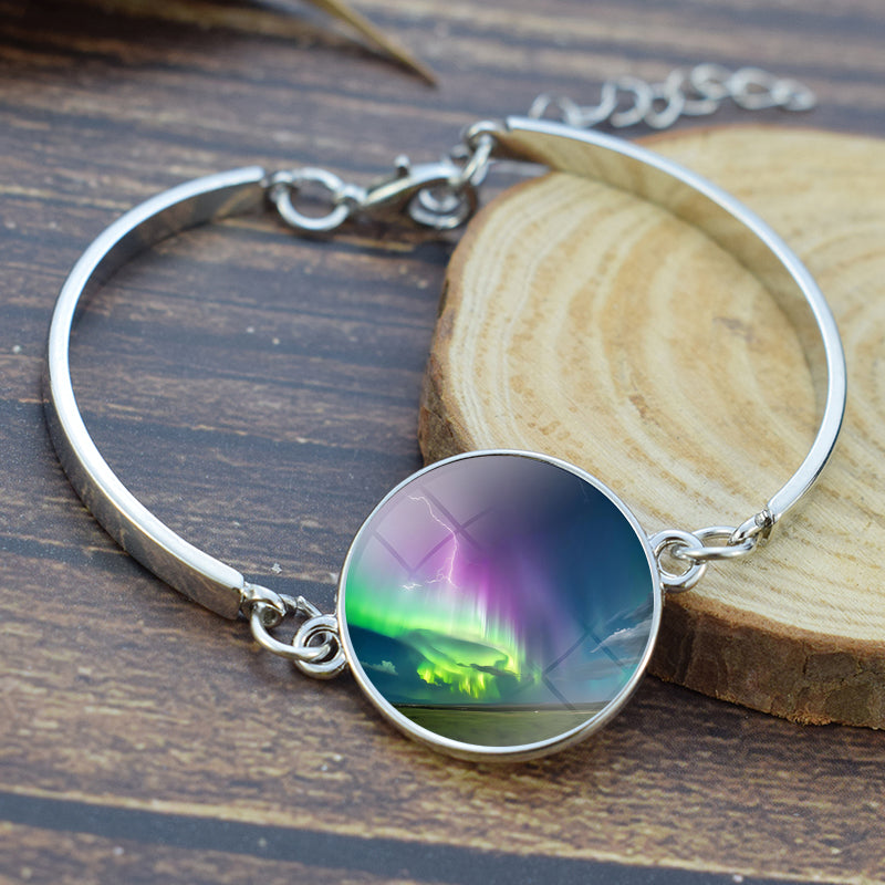 Unique Aurora Borealis Bangle Bracelet - Northern Light Jewelry - Glass Cabochon Silver Plated Bracelet - Perfect Aurora Lovers Gift 25