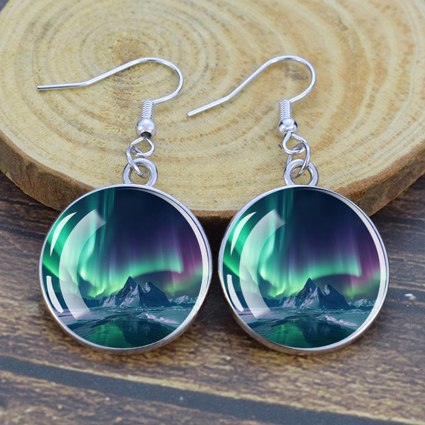 Lýsandi Aurora Borealis dropaeyrnalokkar - Northern Lights Skartgripir - Einstakir Cabochon Dangle eyrnalokkar úr gleri - Fullkomin Aurora Lovers gjöf