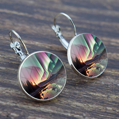 Luminous Aurora Borealis Hook Earrings - Northern Lights Jewelry - Unique Glass Cabochon Drop Earrings - Perfect Aurora Lovers Gift