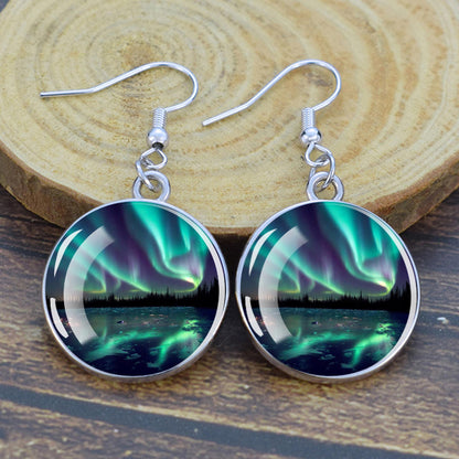 Gaismas Aurora Borealis Drop Auskari - Ziemeļblāzmas rotaslietas - Unikāli stikla Cabochon Dangle Auskari - Perfekta Aurora Lovers dāvana