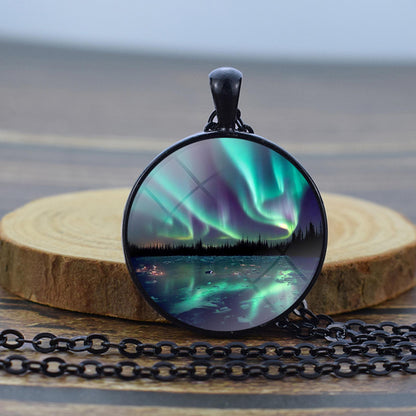 Luminous Aurora Borealis Black Necklace - Northern Light Jewelry - Unique Glass Dome Pendent Necklace - Perfect Aurora Lovers Gift