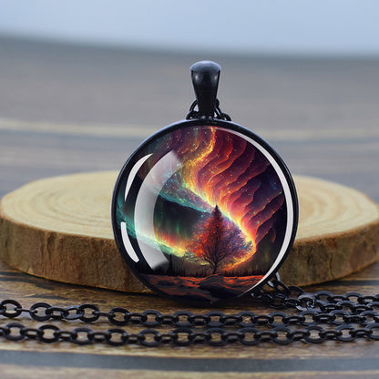 Luminous Aurora Borealis Black Necklace - Northern Light Jewelry - Unique Glass Dome Pendent Necklace - Perfect Aurora Lovers Gift