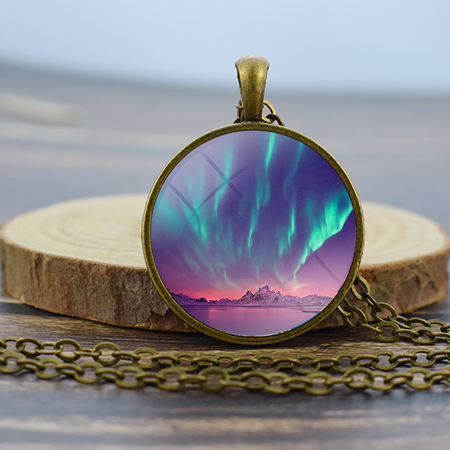 Unique Aurora Borealis Bronze Necklace - Northern Light Jewelry - Glass Dome Pendent Necklace - Perfect Aurora Lovers Gift 2