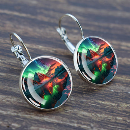 Luminous Aurora Borealis Hook Earrings - Northern Lights Jewelry - Unique Glass Cabochon Drop Earrings - Perfect Aurora Lovers Gift