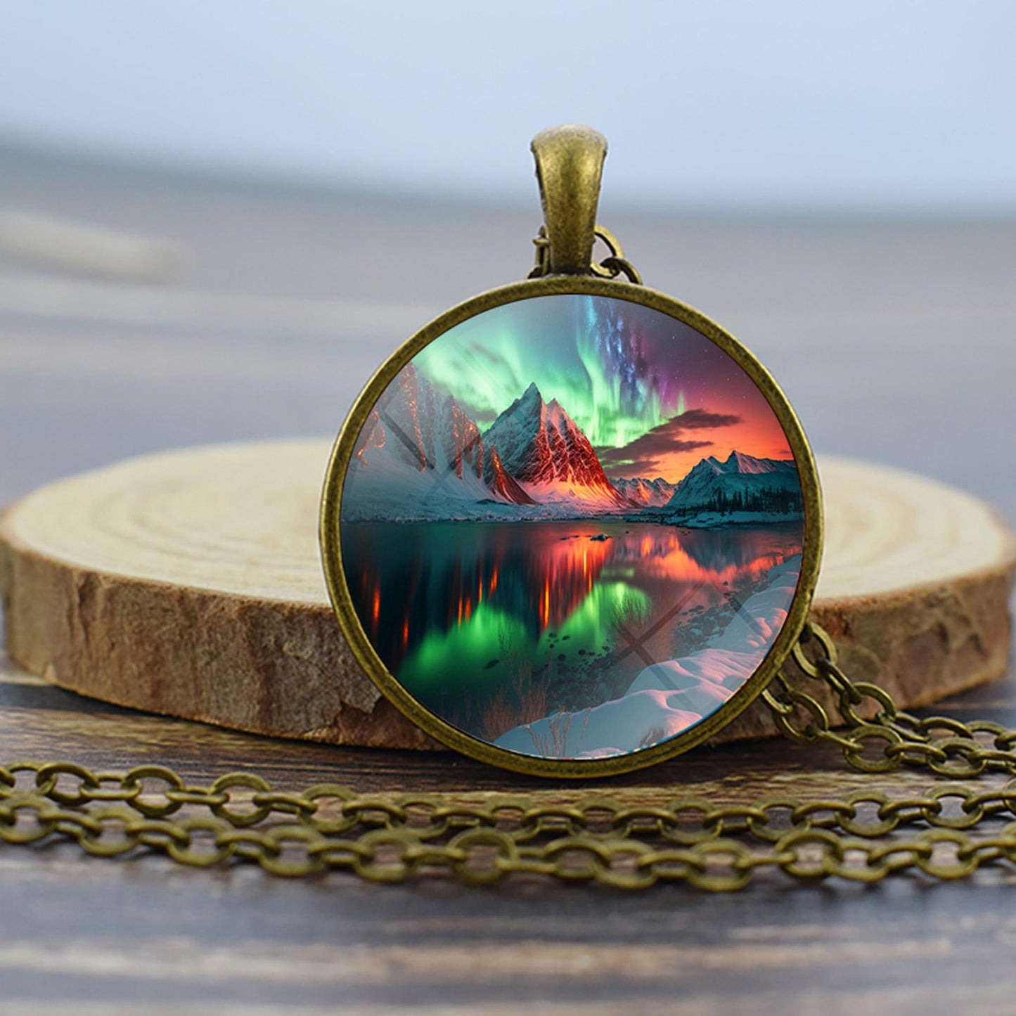 Luminous Aurora Borealis Bronze Necklace - Northern Light Jewelry - Unique Glass Dome Pendent Necklace - Perfect Aurora Lovers Gift