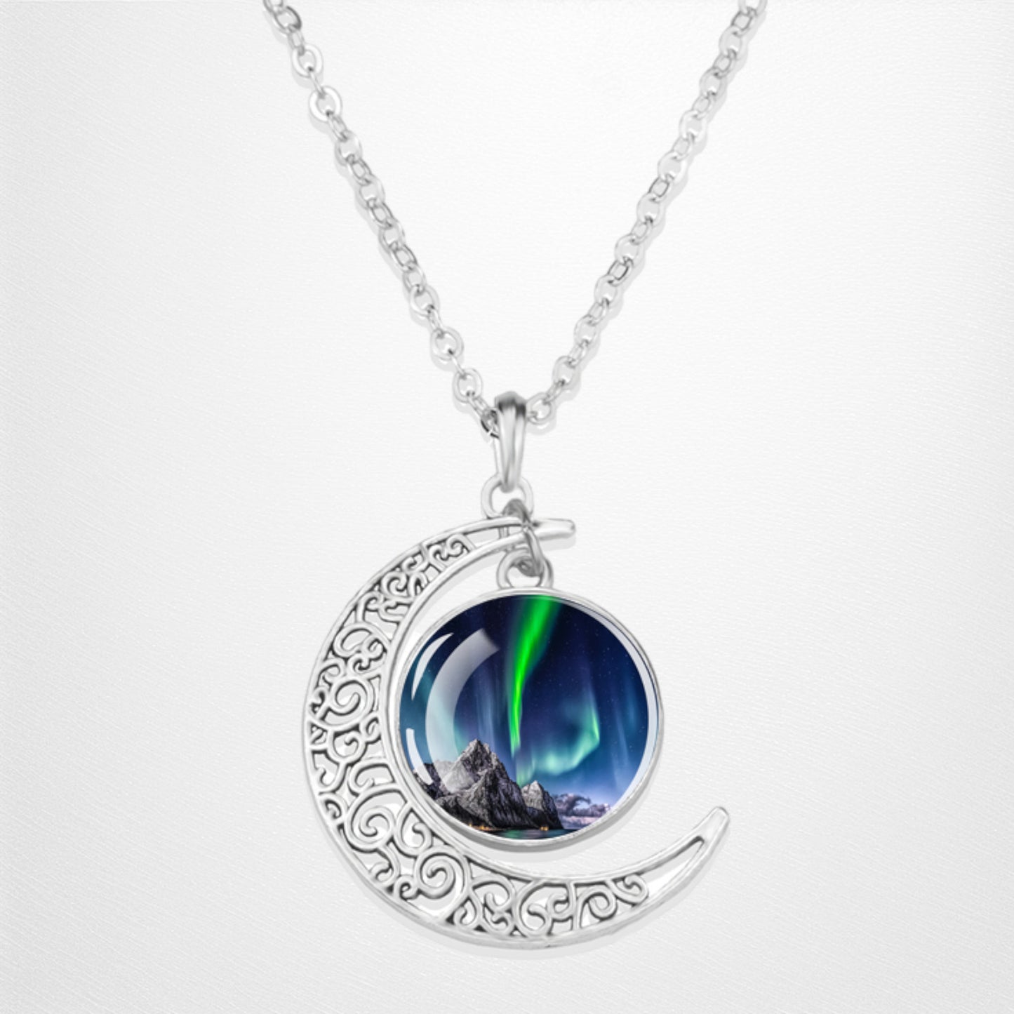 Luminous Aurora Borealis Crescent Necklace- Northern Light Jewelry - Unique Crescent Glass Cabochon Pendent Necklace - Perfect Aurora Lovers Gift