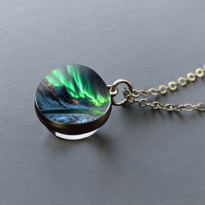 Luminous Aurora Borealis Silver Necklace- Northern Light Jewelry - Unique Double Side Glass Ball Pendent Necklace - Perfect Aurora Lovers Gift