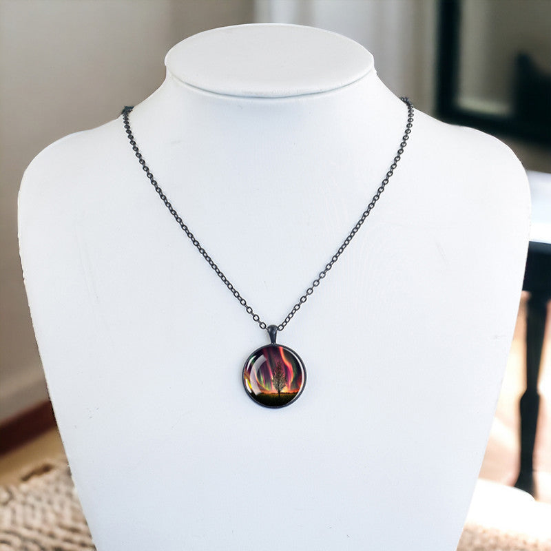 Luminous Aurora Borealis Black Necklace - Northern Light Jewelry - Unique Glass Dome Pendent Necklace - Perfect Aurora Lovers Gift