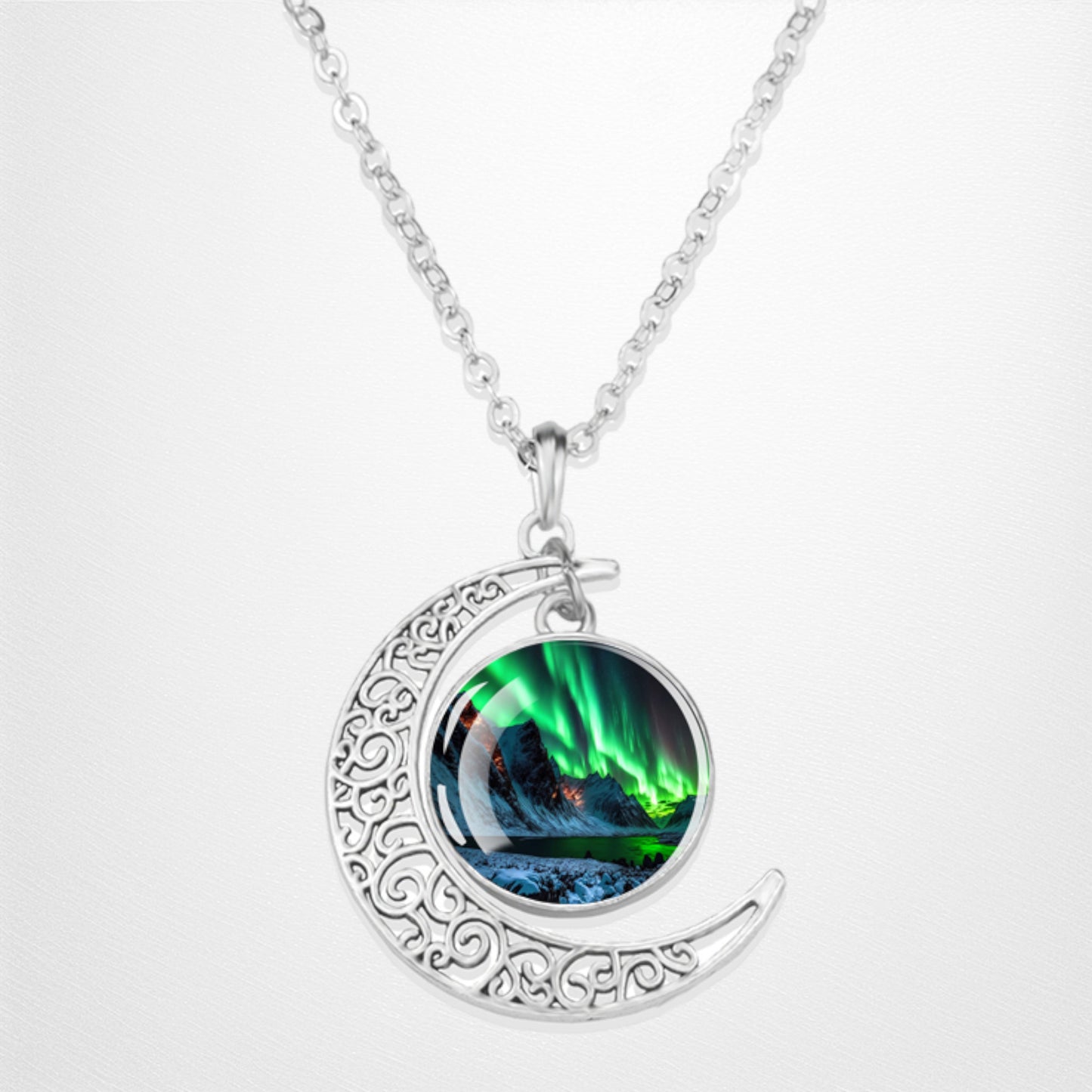 Collier lumineux Aurora Borealis Crescent - Bijoux Northern Light - Collier pendentif cabochon en verre croissant unique - Cadeau parfait pour les amoureux des aurores boréales 