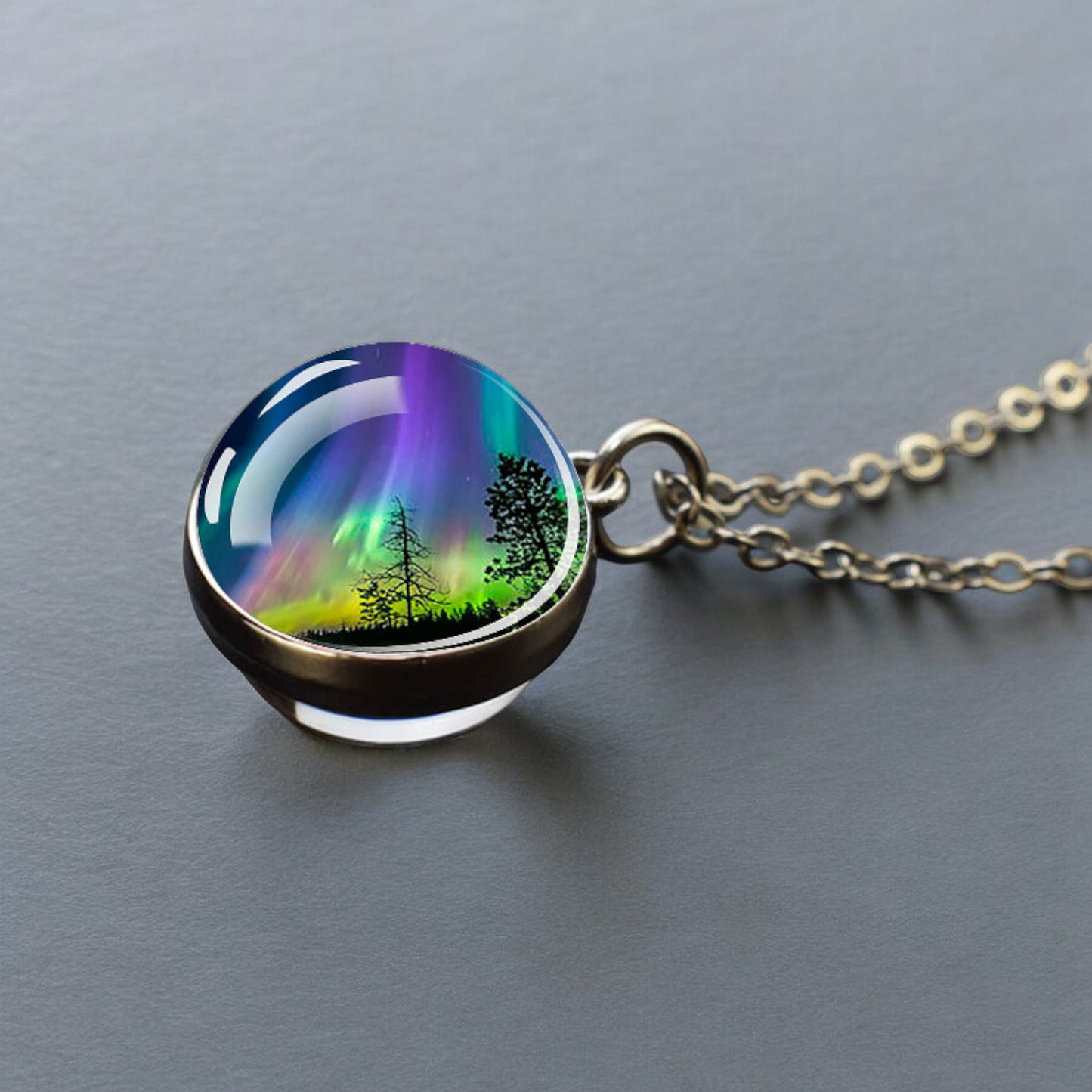 Luminous Aurora Borealis Silver Necklace- Northern Light Jewelry - Unique Double Side Glass Ball Pendent Necklace - Perfect Aurora Lovers Gift