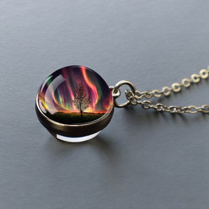 Luminous Aurora Borealis Silver Necklace- Northern Light Jewelry - Unique Double Side Glass Ball Pendent Necklace - Perfect Aurora Lovers Gift