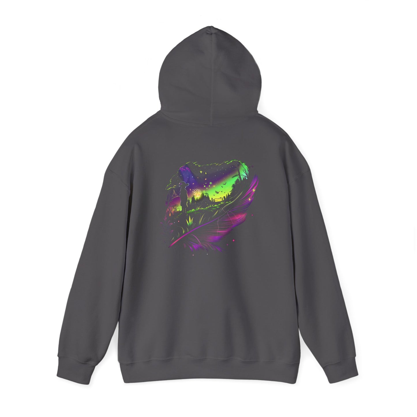 Aurora Borealis Unisex Heavy Blend™ Hooded Sweatshirt (Back design) - Northern Lights Arctic Feather Character Magical Night Starry Sky Field Tree Nature Adventure - Autumn Fall T-shirt - Aurora Gift