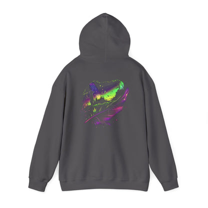 Aurora Borealis Unisex Heavy Blend™ Hooded Sweatshirt (Back design) - Northern Lights Arctic Feather Character Magical Night Starry Sky Field Tree Nature Adventure - Autumn Fall T-shirt - Aurora Gift