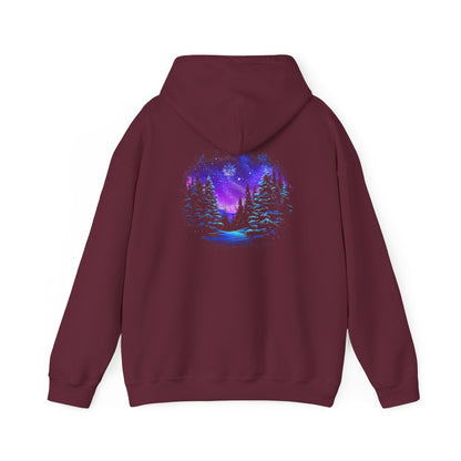 Aurora Borealis Unisex Heavy Blend™ Hooded Sweatshirt (Back design) - Northern Lights Arctic Magical Night Starry Sky Forest Tree Snow Snowflake Nature Adventure - Autumn Fall T-shirt - Aurora Gift