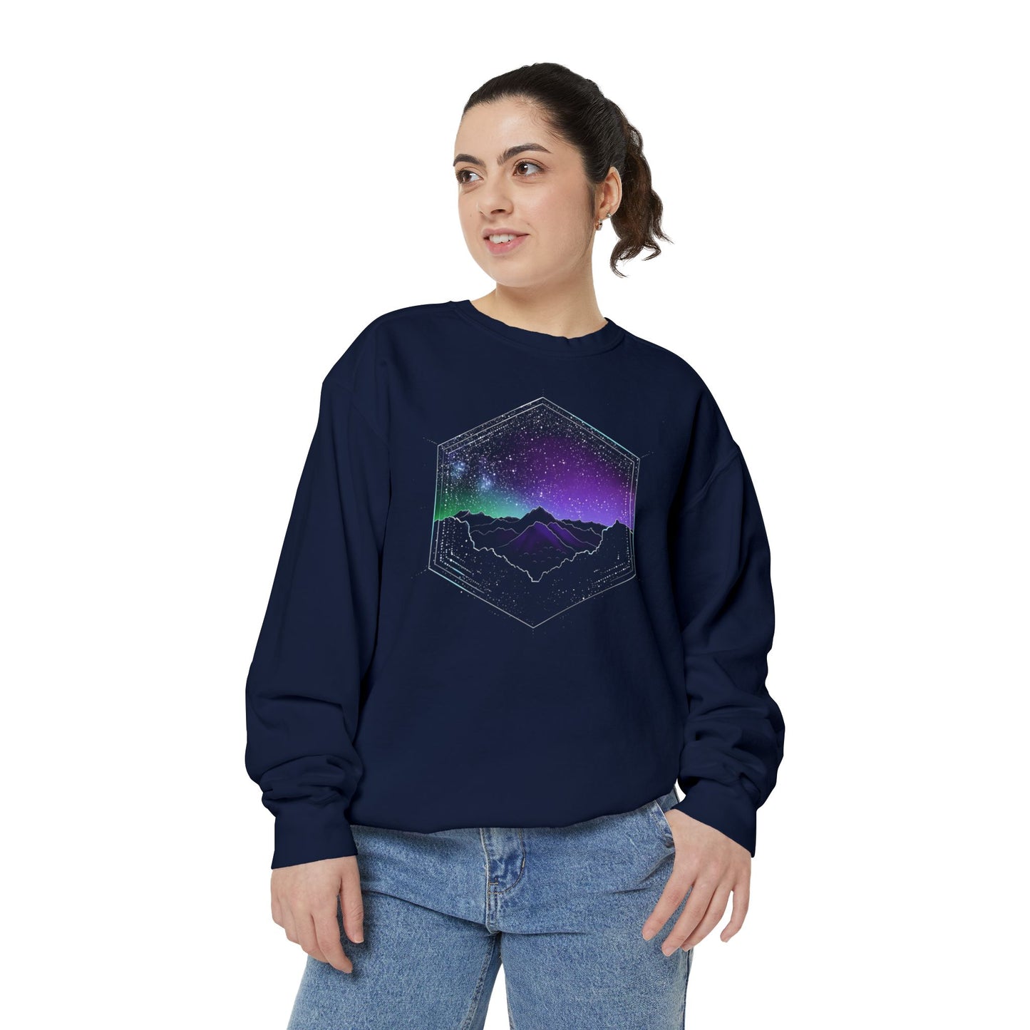 Aurora Borealis Unisex Garment-Dyed Sweatshirt - Northern Lights Arctic Magical Night Starry Sky Mountain Nature Adventure - Autumn Fall T-shirt - Aurora Gift