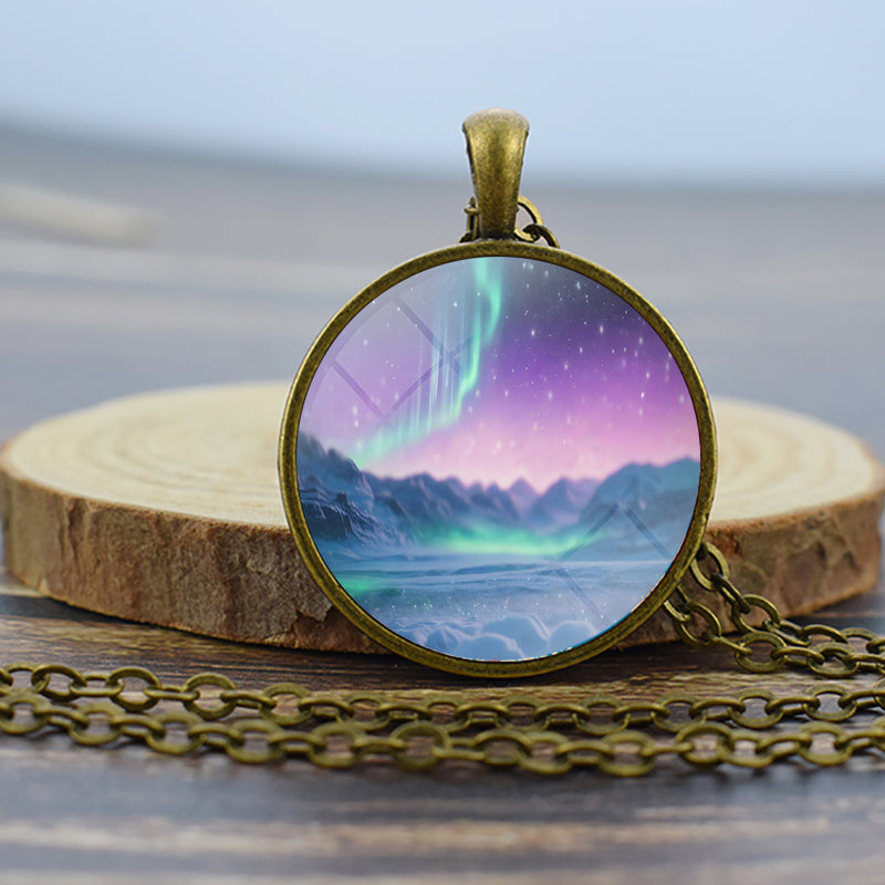 Luminous Aurora Borealis Bronze Necklace - Northern Light Jewelry - Unique Glass Dome Pendent Necklace - Perfect Aurora Lovers Gift