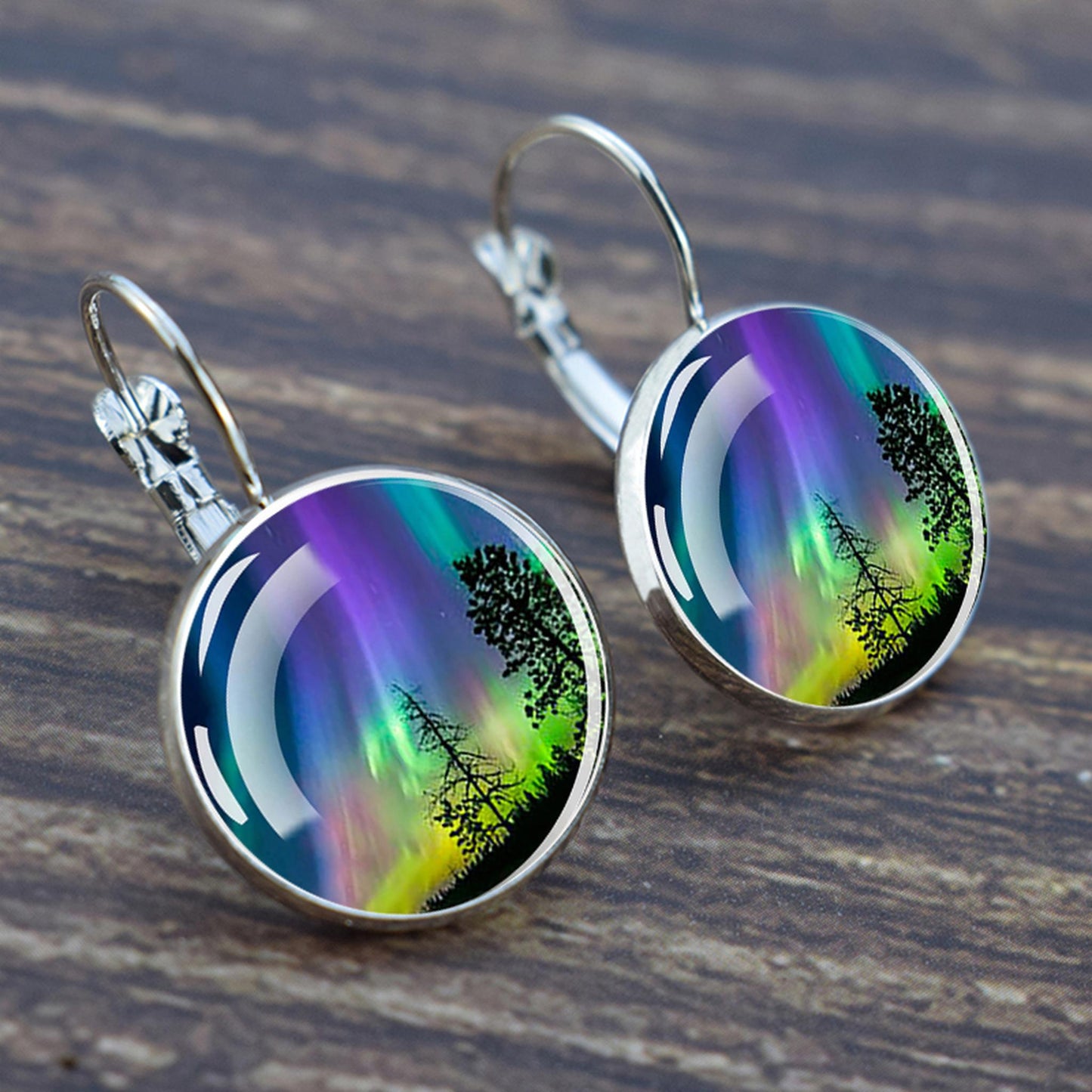 Luminous Aurora Borealis Hook Earrings - Northern Lights Jewelry - Unique Glass Cabochon Drop Earrings - Perfect Aurora Lovers Gift