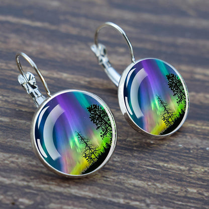 Luminous Aurora Borealis Hook Earrings - Northern Lights Jewelry - Unique Glass Cabochon Drop Earrings - Perfect Aurora Lovers Gift