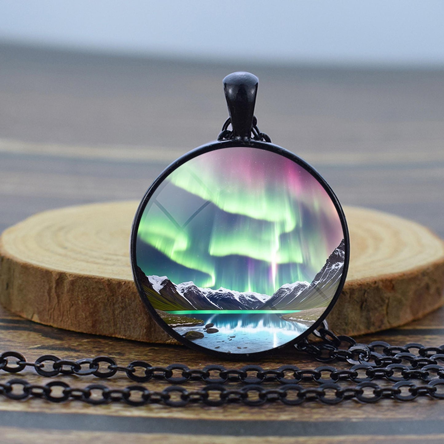 Luminous Aurora Borealis Black Necklace - Northern Light Jewelry - Unique Glass Dome Pendent Necklace - Perfect Aurora Lovers Gift