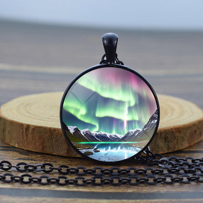 Luminous Aurora Borealis Black Necklace - Northern Light Jewelry - Unique Glass Dome Pendent Necklace - Perfect Aurora Lovers Gift