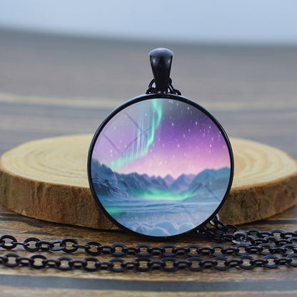 Luminous Aurora Borealis Black Necklace - Northern Light Jewelry - Unique Glass Dome Pendent Necklace - Perfect Aurora Lovers Gift