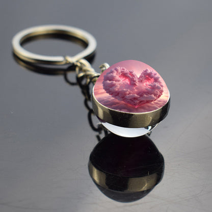 Unique Pink Heart Shape Clouds Keyring - Dreamy Sky Cotton Candy Cloud Jewelry - Double Side Glass Ball Key Chain - Perfect Aurora Lovers Gift 1