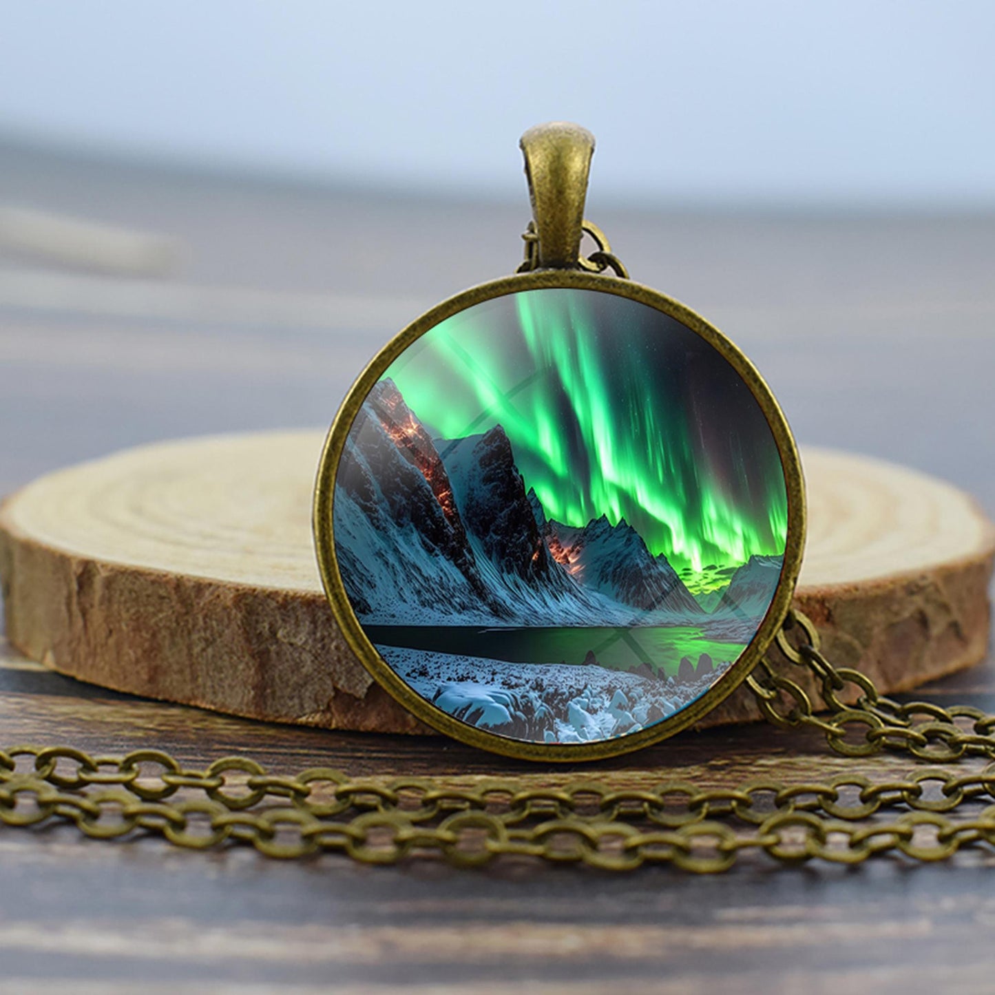 Luminous Aurora Borealis Bronze Necklace - Northern Light Jewelry - Unique Glass Dome Pendent Necklace - Perfect Aurora Lovers Gift