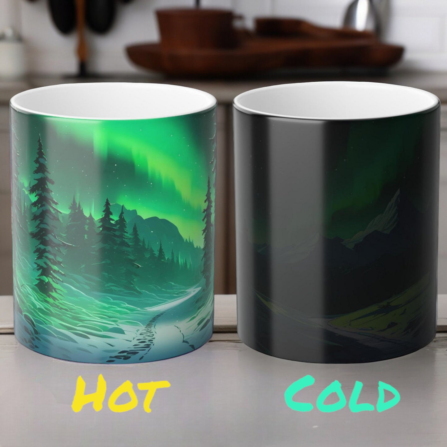 Fortryllende Aurora Borealis varmefølsomt krus - Northern Lights Magic Color Morphing-krus 11 oz - Heat Reactive Night Sky Coffee Cup - Perfekt gave til naturelskere