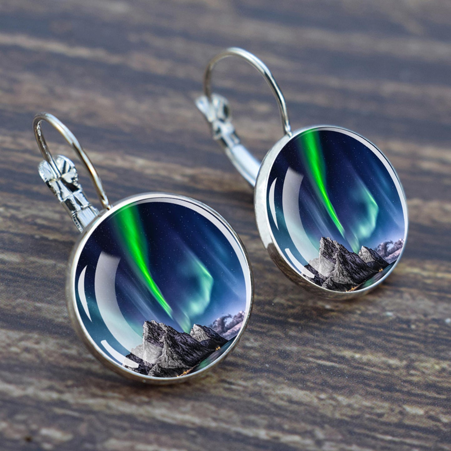 Luminous Aurora Borealis Hook Earrings - Northern Lights Jewelry - Unique Glass Cabochon Drop Earrings - Perfect Aurora Lovers Gift