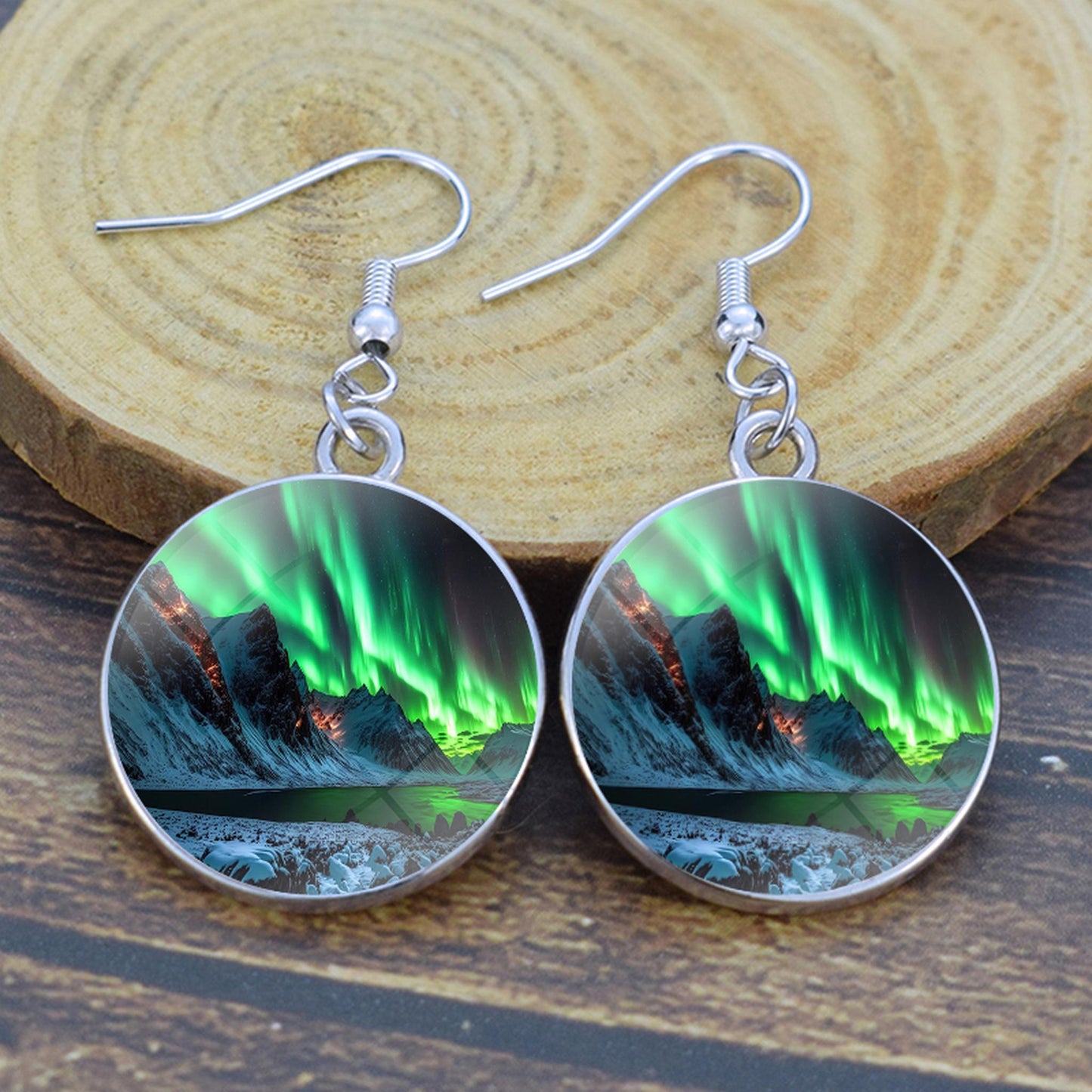 Gaismas Aurora Borealis Drop Auskari - Ziemeļblāzmas rotaslietas - Unikāli stikla Cabochon Dangle Auskari - Perfekta Aurora Lovers dāvana