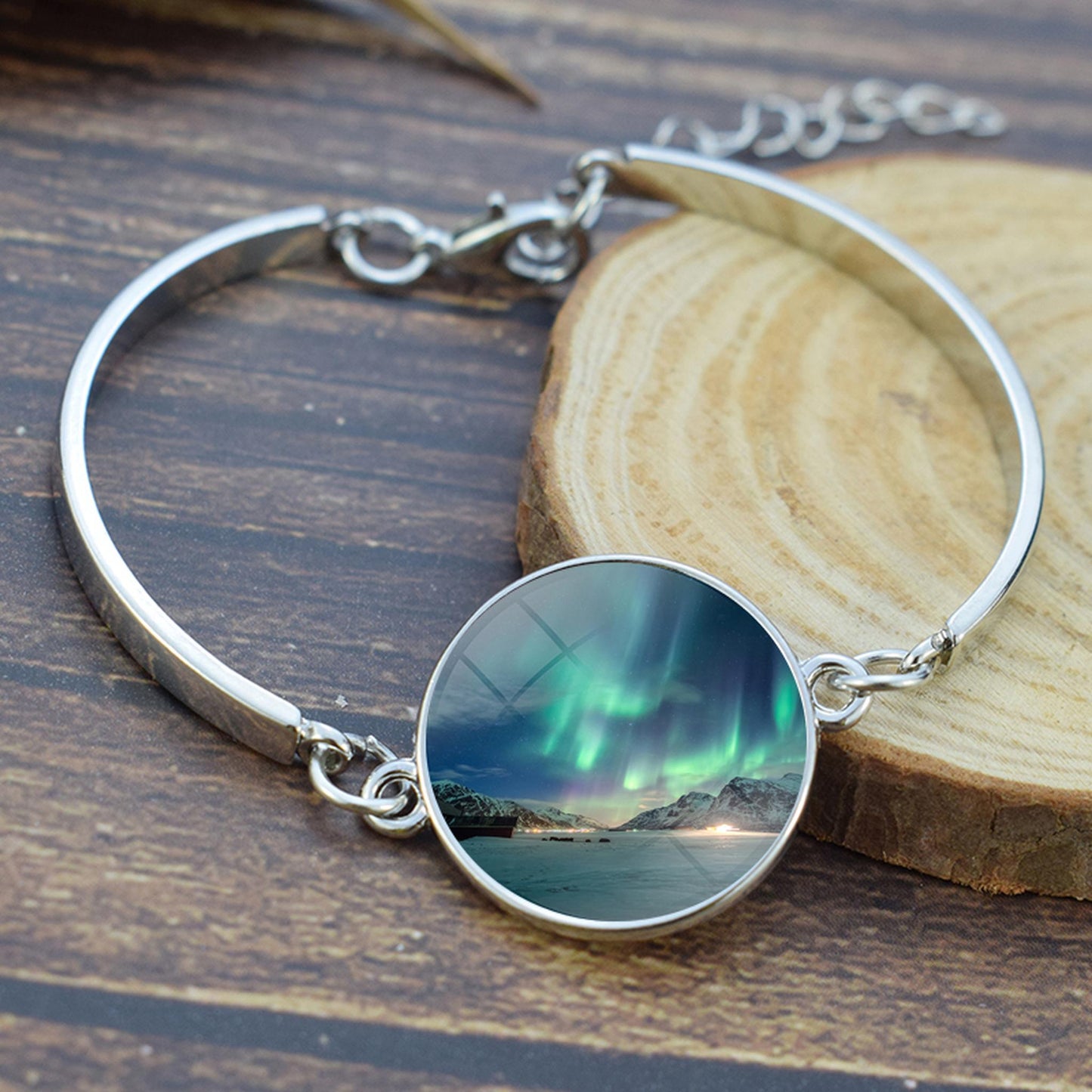 Unique Aurora Borealis Bangle Bracelet - Northern Light Jewelry - Glass Cabochon Silver Plated Bracelet - Perfect Aurora Lovers Gift 6