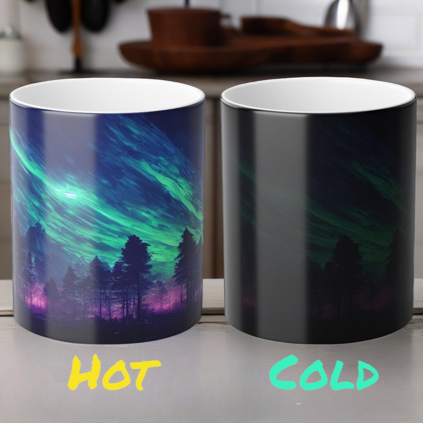 Lumoava Aurora Borealis Heat Sensitive Muki - Northern Lights Magic Color Morphing Muki 11 unssia - Heat Reactive Night Sky Coffee Cup - Täydellinen lahja luonnon ystäville