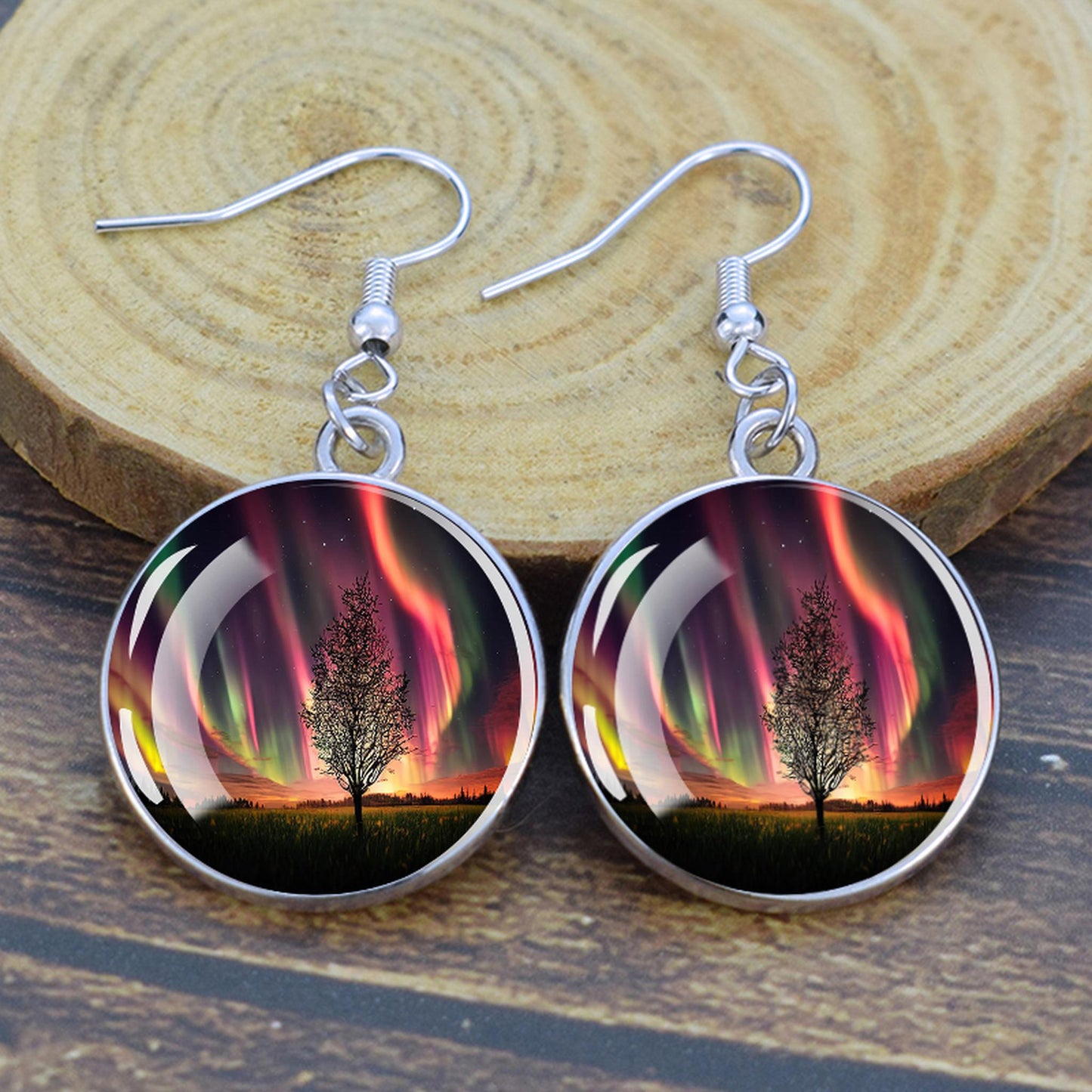 Gaismas Aurora Borealis Drop Auskari - Ziemeļblāzmas rotaslietas - Unikāli stikla Cabochon Dangle Auskari - Perfekta Aurora Lovers dāvana