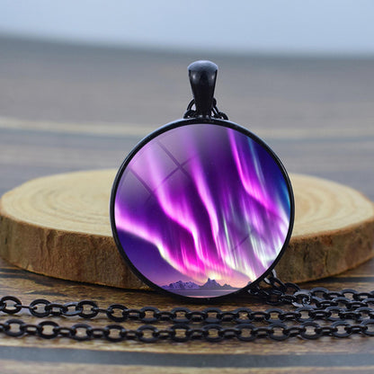 Luminous Aurora Borealis Black Necklace - Northern Light Jewelry - Unique Glass Dome Pendent Necklace - Perfect Aurora Lovers Gift