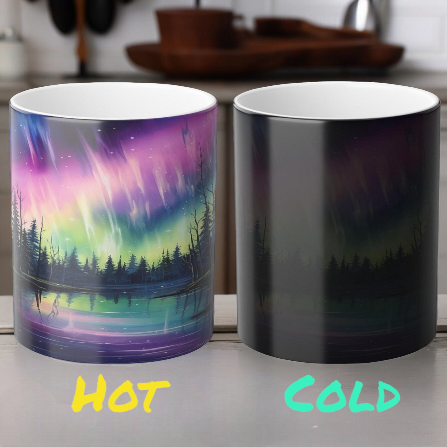 Töfrandi Aurora Borealis hitanæm mál - Northern Lights Magic Color Morphing Mug 11oz - Heat Reactive Night Sky Kaffibolli - Fullkomin gjöf fyrir náttúruunnendur