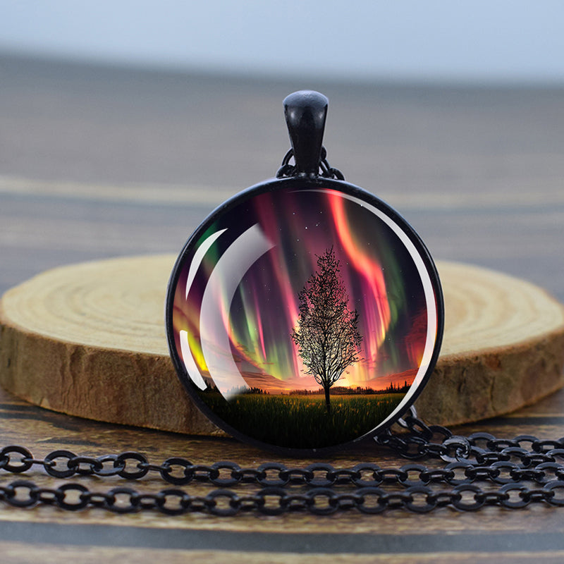 Luminous Aurora Borealis Black Necklace - Northern Light Jewelry - Unique Glass Dome Pendent Necklace - Perfect Aurora Lovers Gift