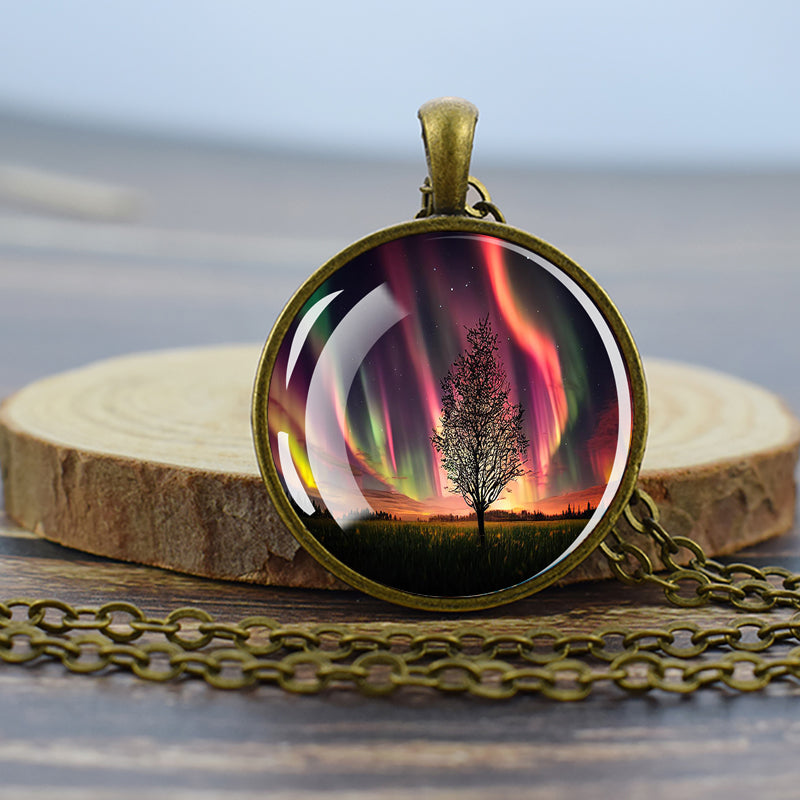 Luminous Aurora Borealis Bronze Necklace - Northern Light Jewelry - Unique Glass Dome Pendent Necklace - Perfect Aurora Lovers Gift