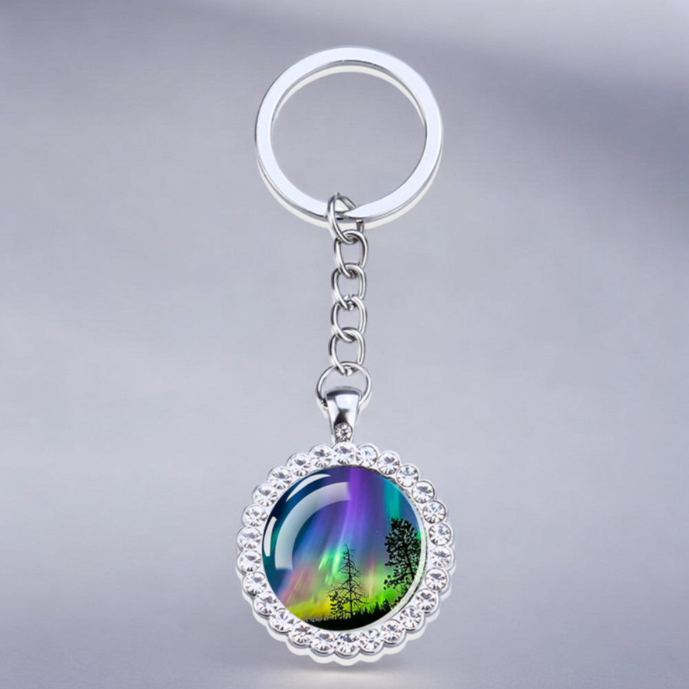 Luminous Aurora Borealis Silver Keyring - Northern Light Jewelry - Rhinestones Glass Key Chain - Perfect Aurora Lovers Gift