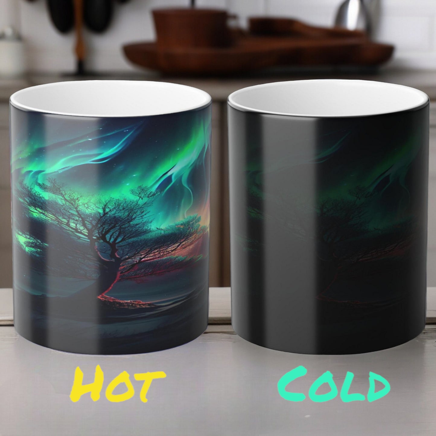 Fortryllende Aurora Borealis varmefølsomt krus - Northern Lights Magic Color Morphing-krus 11 oz - Heat Reactive Night Sky Coffee Cup - Perfekt gave til naturelskere