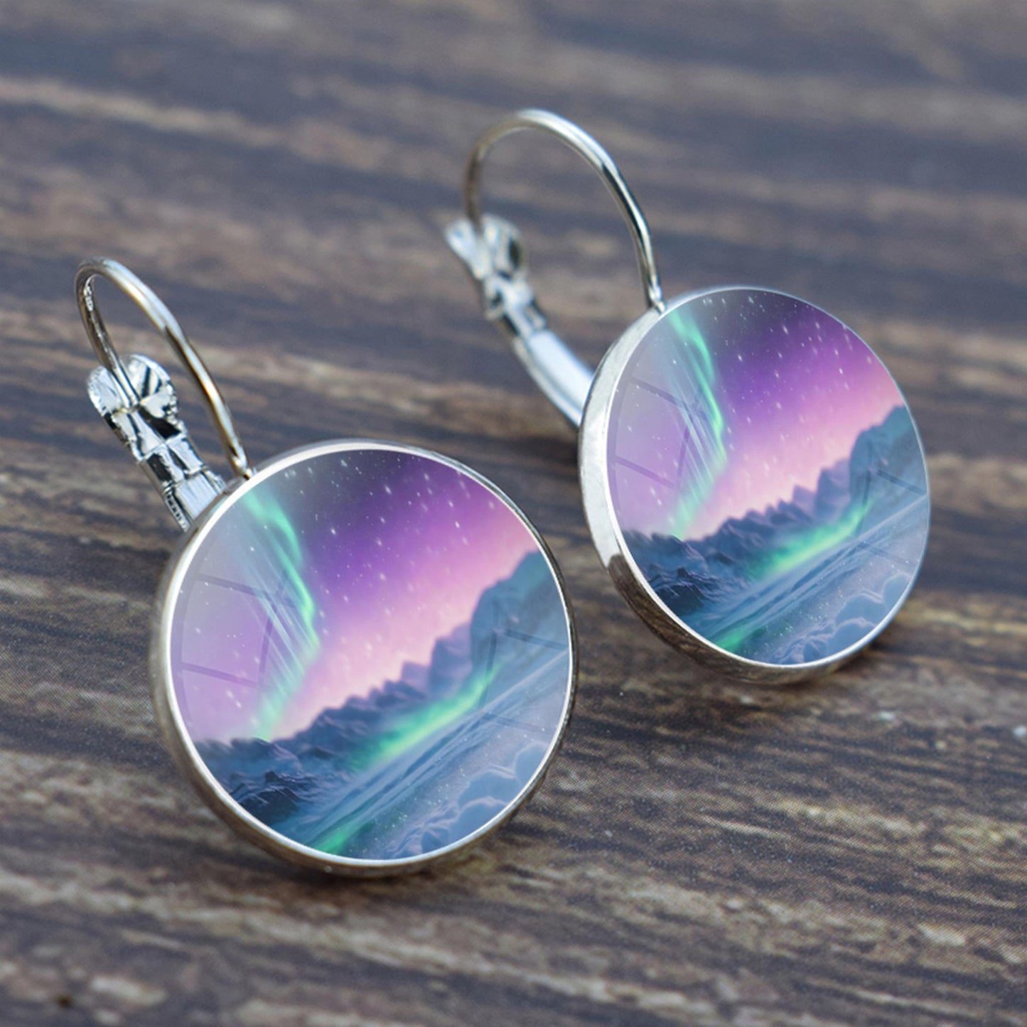 Luminous Aurora Borealis Hook Earrings - Northern Lights Jewelry - Unique Glass Cabochon Drop Earrings - Perfect Aurora Lovers Gift